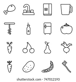 thin line icon set : chicken leg, water tap, fridge, cup, corkscrew, vegetable oil, tomato, carrot, cherry, pear, beet, potato, peas, tooth brush