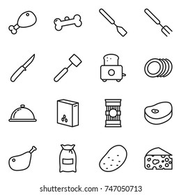 thin line icon set : chicken leg, bone, spatula, big fork, knife, meat hammer, toaster, plates, meal cap, cereals, pasta, steake, flour, potato, cheese
