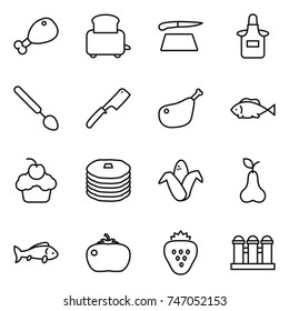 thin line icon set : chicken leg, toaster, cutting board, apron, big spoon, chef knife, fish, cupcake, pancakes, corn, pear, tomato, strawberry, grain elevator