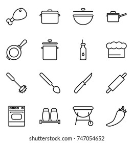 thin line icon set : chicken leg, pan, cauldron, saute, vegetable oil, chief hat, whisk, big spoon, knife, rolling pin, oven, salt pepper, bbq, hot