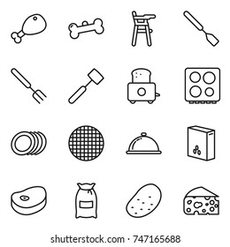 thin line icon set : chicken leg, bone, Chair for babies, spatula, big fork, meat hammer, toaster, hob, plates, sieve, meal cap, cereals, steake, flour, potato, cheese