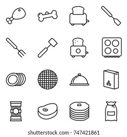 thin line icon set : chicken leg, bone, toaster, spatula, big fork, meat hammer, hob, plates, sieve, meal cap, cereals, pasta, steake, pancakes, flour