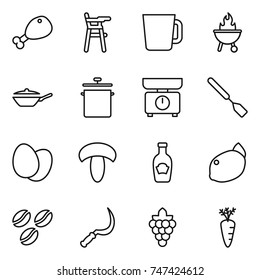 thin line icon set : chicken leg, Chair for babies, cup, bbq, pan, kitchen scales, spatula, eggs, mushroom, ketchup, lemon, coffee seeds, sickle, grape, carrot
