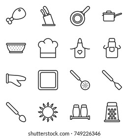 thin line icon set : chicken leg, stands for knives, pan, saute, colander, cook hat, apron, glove, cutting board, skimmer, spatula, big spoon, gas oven, salt pepper, grater