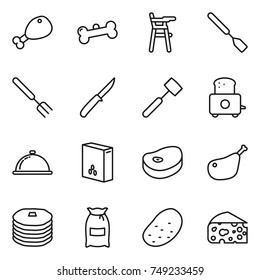 thin line icon set : chicken leg, bone, Chair for babies, spatula, big fork, knife, meat hammer, toaster, meal cap, cereals, steake, pancakes, flour, potato, cheese