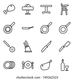 thin line icon set : chicken leg, restaurant, table, Chair for babies, pan, skimmer, knife holder, chef, plates, fork spoon plate, wine