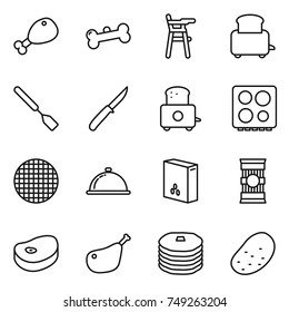 thin line icon set : chicken leg, bone, Chair for babies, toaster, spatula, knife, hob, sieve, meal cap, cereals, pasta, steake, pancakes, potato thin line icon set : chicken leg, bone, Chair for babies, toaster, spatula, knife, hob, sieve, meal cap, cereals, pasta, steake, pancakes, potato