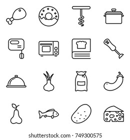thin line icon set : chicken leg, donut, corkscrew, pan, mixer, grill oven, cooking book, blender, meal cap, onion, flour, eggplant, pear, fish, potato, cheese