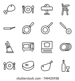 thin line icon set : chicken leg, cafe, restaurant, Chair for babies, pan, skimmer, knife holder, microwave oven, cooking book, plates, fork spoon plate, steake, wine