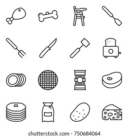 thin line icon set : chicken leg, bone, Chair for babies, spatula, big fork, knife, meat hammer, toaster, plates, sieve, pasta, steake, pancakes, flour, potato, cheese