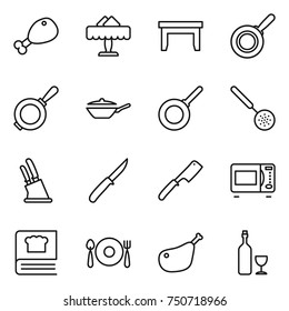 thin line icon set : chicken leg, restaurant, table, pan, skimmer, knife holder, chef, microwave oven, cooking book, fork spoon plate, wine