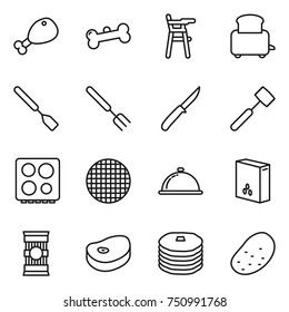 thin line icon set : chicken leg, bone, Chair for babies, toaster, spatula, big fork, knife, meat hammer, hob, sieve, meal cap, cereals, pasta, steake, pancakes, potato