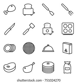 thin line icon set : chicken leg, toaster, spatula, big fork, knife, meat hammer, hob, plates, sieve, meal cap, cereals, steake, pancakes, flour