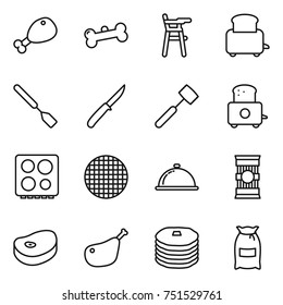 thin line icon set : chicken leg, bone, Chair for babies, toaster, spatula, knife, meat hammer, hob, sieve, meal cap, pasta, steake, pancakes, flour