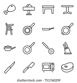 thin line icon set : chicken leg, restaurant, table, Chair for babies, pan, skimmer, knife holder, chef, microwave oven, steake