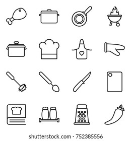 thin line icon set : chicken leg, pan, bbq, cook hat, apron, glove, whisk, big spoon, knife, cutting board, cooking book, salt pepper, grater, hot