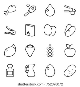 thin line icon set : chicken leg, tennis, drop, garlic clasp, walnut crack, cereals, eggs, beans, lemon, berry, spikelets, apple, pills bottle, jug, egg, potato