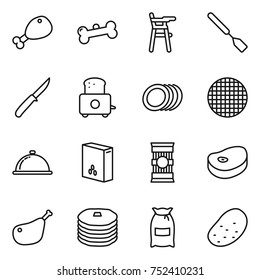 thin line icon set : chicken leg, bone, Chair for babies, spatula, knife, toaster, plates, sieve, meal cap, cereals, pasta, steake, pancakes, flour, potato