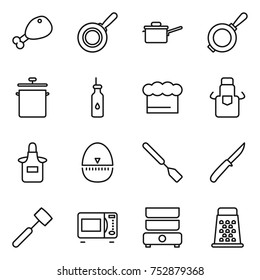 thin line icon set : chicken leg, pan, saute, vegetable oil, chief hat, apron, egg timer, spatula, knife, meat hammer, microwave oven, double boiler, grater