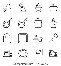 thin line icon set : chicken leg, stands for knives, bbq, pan, apron, cook glove, cutting board, garlic clasp, meat hammer, grill oven, induction, cooking book, food processor