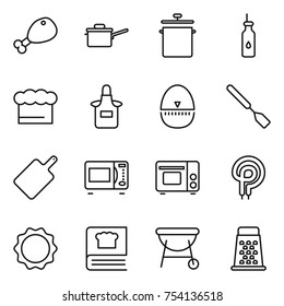 Thin Line Icon Set : Chicken Leg, Saute Pan, Vegetable Oil, Chief Hat, Apron, Egg Timer, Spatula, Cutting Board, Microwave Oven, Grill, Elecric, Induction, Cooking Book, Bbq, Grater