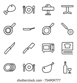 thin line icon set : chicken leg, cafe, restaurant, table, pan, skimmer, knife, chef, microwave oven, cooking book, plates, fork spoon plate, wine