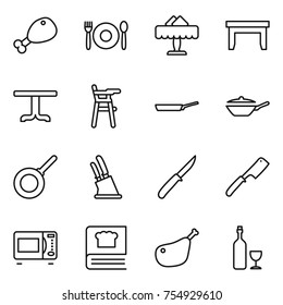 thin line icon set : chicken leg, cafe, restaurant, table, Chair for babies, pan, knife holder, chef, microwave oven, cooking book, wine
