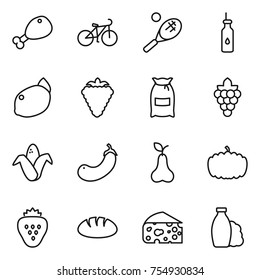 thin line icon set : chicken leg, bike, tennis, vegetable oil, lemon, berry, flour, grape, corn, eggplant, pear, pumpkin, strawberry, bread, cheese, shampoo