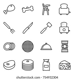 thin line icon set : chicken leg, bone, Chair for babies, toaster, big fork, knife, meat hammer, plates, sieve, meal cap, pasta, steake, pancakes, flour, cheese