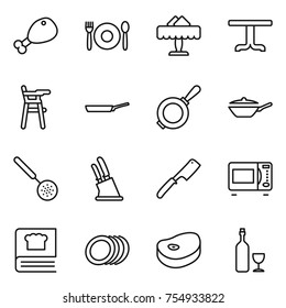 thin line icon set : chicken leg, cafe, restaurant, table, Chair for babies, pan, skimmer, knife holder, chef, microwave oven, cooking book, plates, steake, wine