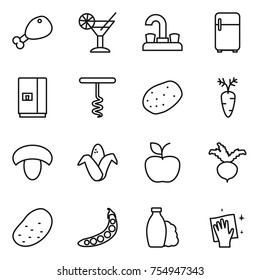 thin line icon set : chicken leg, cocktail, water tap, fridge, corkscrew, potato, carrot, mushroom, corn, apple, beet, peas, shampoo, wiping