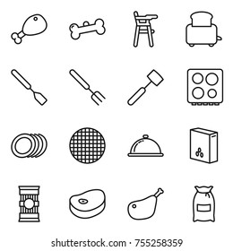 thin line icon set : chicken leg, bone, Chair for babies, toaster, spatula, big fork, meat hammer, hob, plates, sieve, meal cap, cereals, pasta, steake, flour
