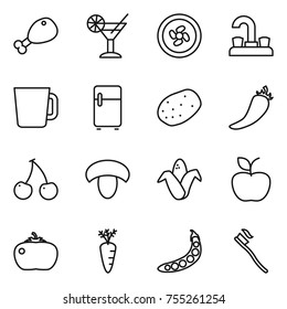 thin line icon set : chicken leg, cocktail, cooler fan, water tap, cup, fridge, potato, hot pepper, cherry, mushroom, corn, apple, tomato, carrot, peas, tooth brush