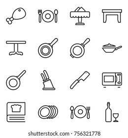 Thin line icon set : chicken leg, cafe, restaurant, table, pan, knife holder, chef, microwave oven, cooking book, plates, fork spoon plate, wine