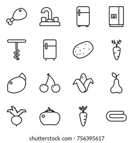 Thin line icon set : chicken leg, water tap, fridge, corkscrew, potato, carrot, lemon, cherry, corn, pear, beet, tomato, towel