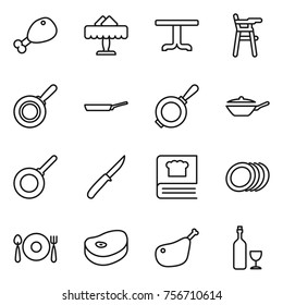 thin line icon set : chicken leg, restaurant, table, Chair for babies, pan, knife, cooking book, plates, fork spoon plate, steake, wine