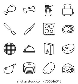 Thin line icon set : chicken leg, bone, Chair for babies, toaster, spatula, knife, hob, plates, sieve, meal cap, cereals, steake, pancakes, potato, cheese