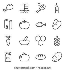 Thin line icon set : chicken leg, pool, tennis, vegetable oil, cereals, tomato, fish, beans, carrot, mortar, honeycombs, spikelets, flour, bread, potato