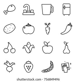 Thin line icon set : chicken leg, water tap, cup, fridge, potato, tomato, carrot, hot pepper, cherry, corn, apple, pear, beet, strawberry, peas, wiping