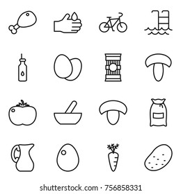 Thin line icon set : chicken leg, acid, bike, pool, vegetable oil, eggs, pasta, mushroom, tomato, mortar, flour, jug, egg, carrot, potato
