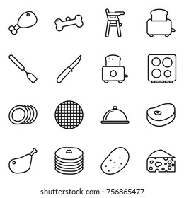 Thin line icon set : chicken leg, bone, Chair for babies, toaster, spatula, knife, hob, plates, sieve, meal cap, steake, pancakes, potato, cheese