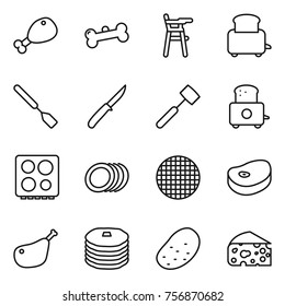 Thin line icon set : chicken leg, bone, Chair for babies, toaster, spatula, knife, meat hammer, hob, plates, sieve, steake, pancakes, potato, cheese