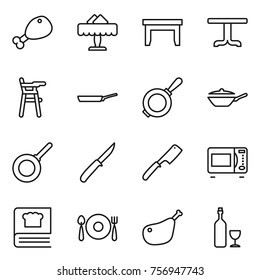 Thin line icon set : chicken leg, restaurant, table, Chair for babies, pan, knife, chef, microwave oven, cooking book, fork spoon plate, wine