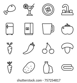 Thin line icon set : chicken leg, cocktail, cooler fan, water tap, fridge, cup, tomato, carrot, hot pepper, cherry, mushroom, potato, shampoo, towel