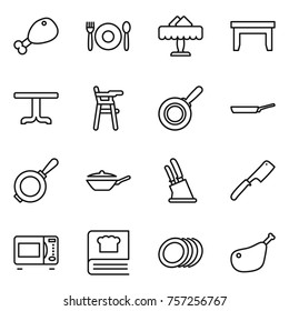 Thin line icon set : chicken leg, cafe, restaurant, table, Chair for babies, pan, knife holder, chef, microwave oven, cooking book, plates