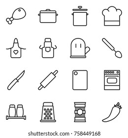 Thin line icon set : chicken leg, pan, cook hat, apron, glove, big spoon, knife, rolling pin, cutting board, oven, salt pepper, grater, pasta, hot