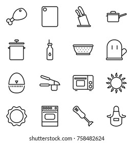 Thin line icon set : chicken leg, cutting board, stands for knives, saute pan, vegetable oil, colander, cook glove, egg timer, garlic clasp, grill oven, gas, induction, blender, apron