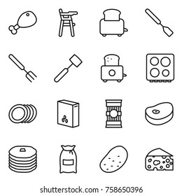 Thin line icon set : chicken leg, Chair for babies, toaster, spatula, big fork, meat hammer, hob, plates, cereals, pasta, steake, pancakes, flour, potato, cheese