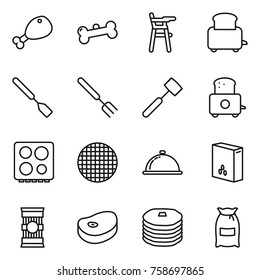 Thin line icon set : chicken leg, bone, Chair for babies, toaster, spatula, big fork, meat hammer, hob, sieve, meal cap, cereals, pasta, steake, pancakes, flour