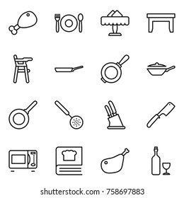 Thin line icon set : chicken leg, cafe, restaurant, table, Chair for babies, pan, skimmer, knife holder, chef, microwave oven, cooking book, wine